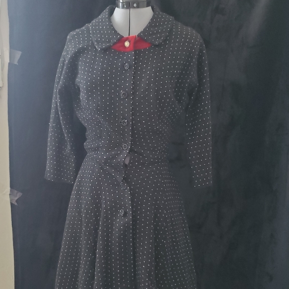 Vintage polka dot retro button down wool dress - Picture 3 of 5